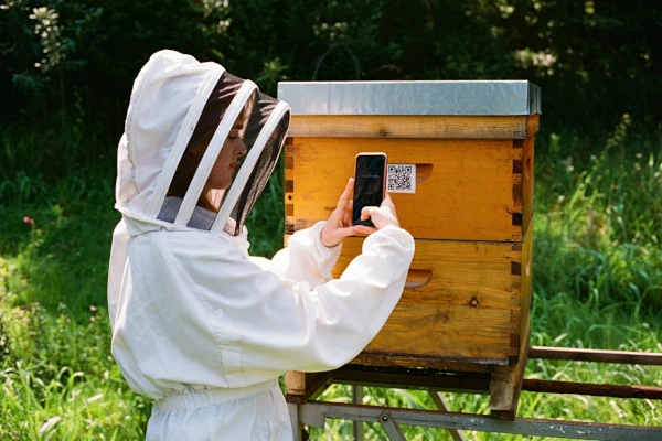Beekeeper scanning QR code on hive